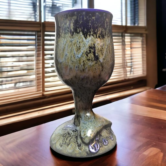 Doug Wylie Whale Tail Set-2 Wine/Water Handmade Goblet Blue/Grey Drip Pottery - Picture 12 of 15